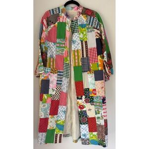 Vintage 70s Patchwork Quilt Bell Sleeve Duster Jacket Handmade Boho Cottage